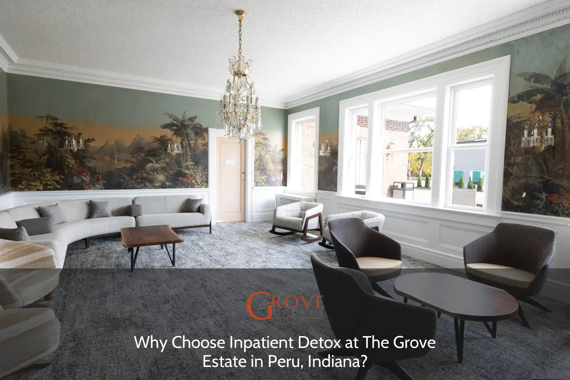 Inviting lounge area at The Grove Estate features elegant furnishings, a striking mural, and ample natural light, perfect for relaxation in Peru, Indiana.