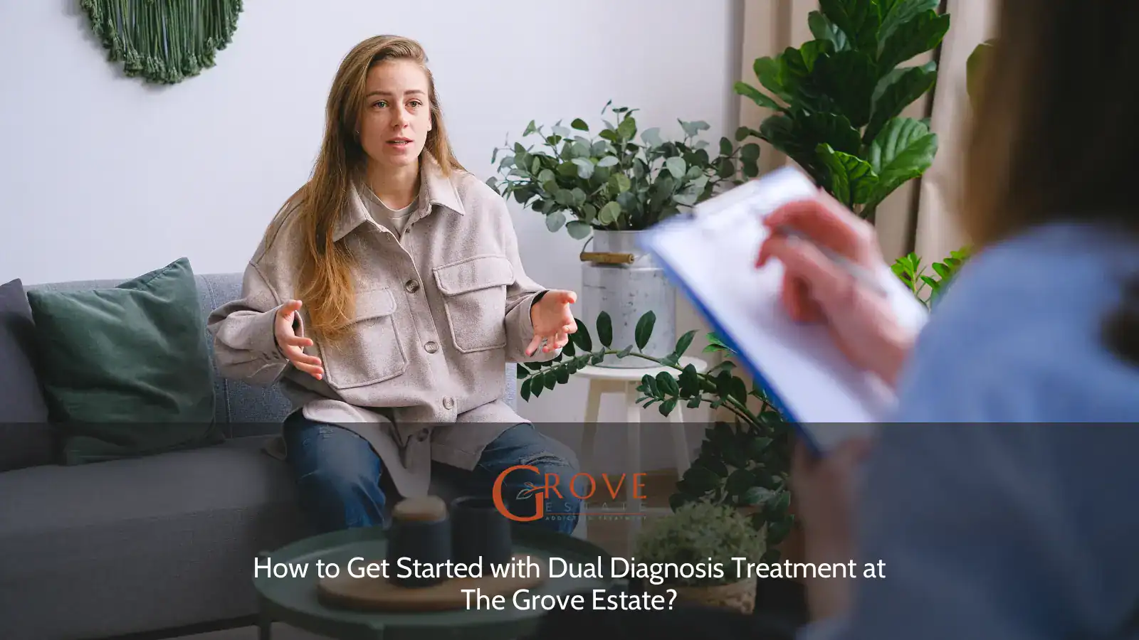 Woman engaged in a conversation during therapy session, discussing dual diagnosis treatment strategies at The Grove Estate, with a notepad in view.