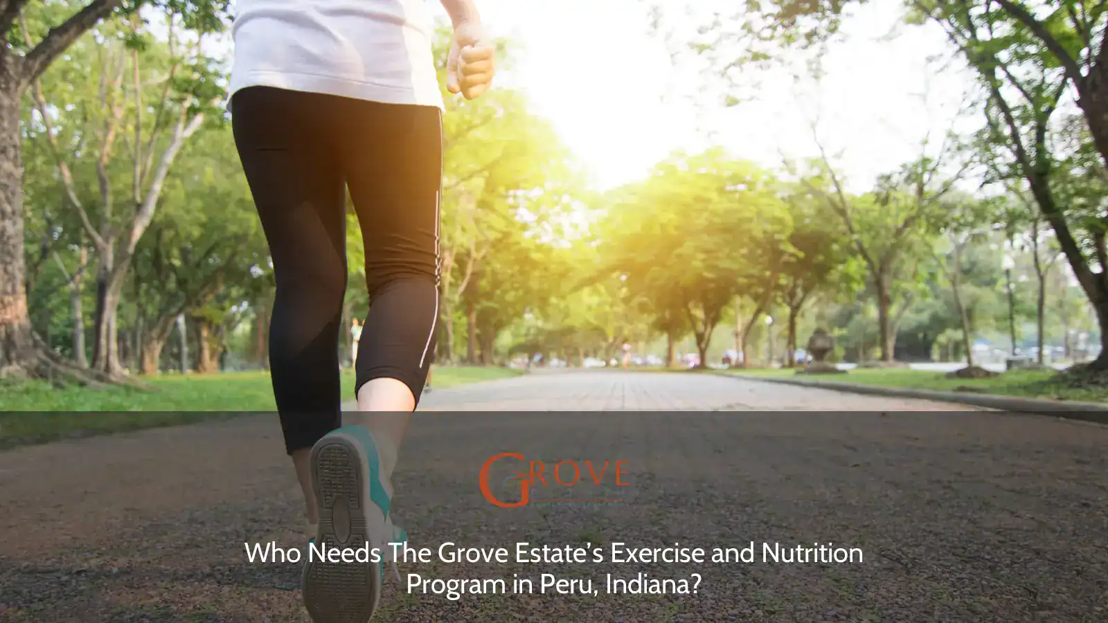 Running along a tree-lined path, a person in athletic wear enjoys the outdoors, highlighting the benefits of exercise and nutrition in Peru, Indiana.