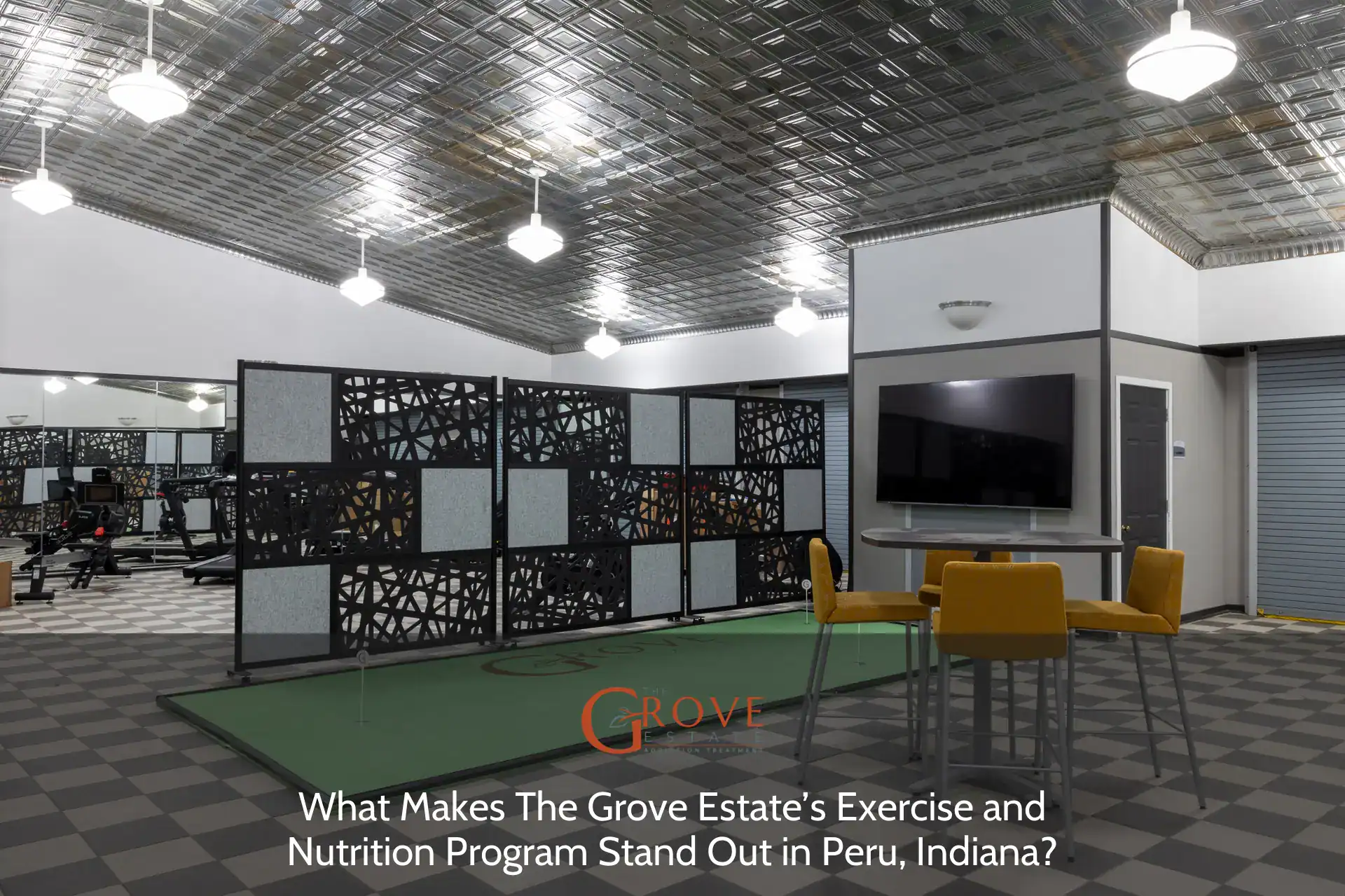 Modern gym space at The Grove Estate in Peru, Indiana, featuring exercise equipment, a vibrant green putting area, and stylish seating for relaxation.