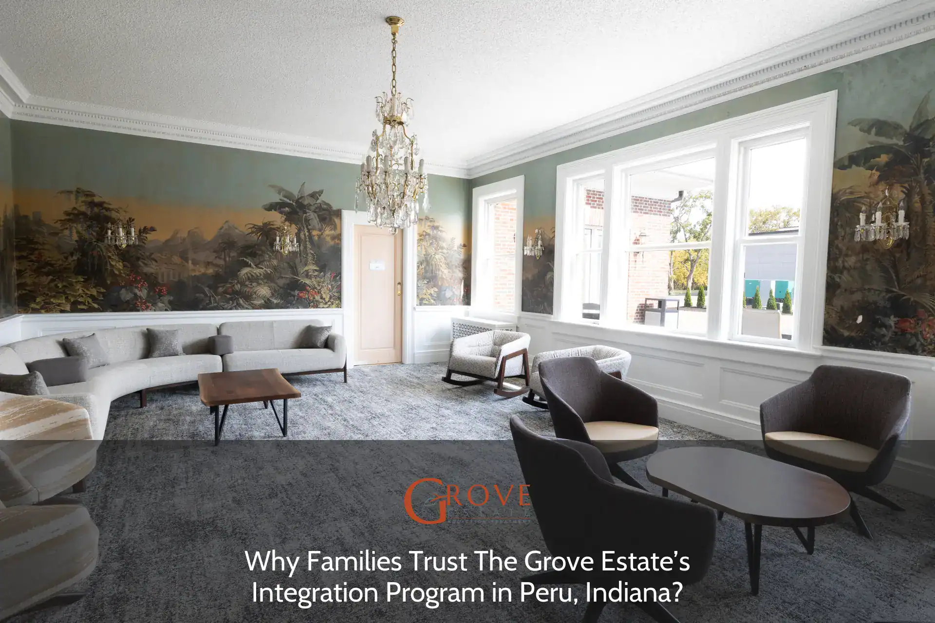 Elegant lounge area at The Grove Estate, featuring vintage mural decor, modern seating, and abundant natural light from large windows.