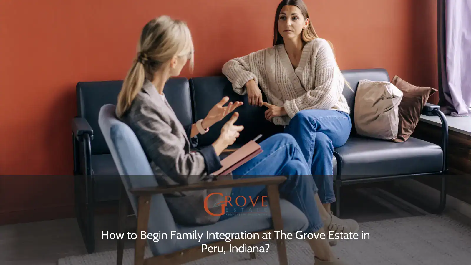 Two women engage in a conversation in a cozy setting at The Grove Estate in Peru, Indiana, discussing family integration strategies.