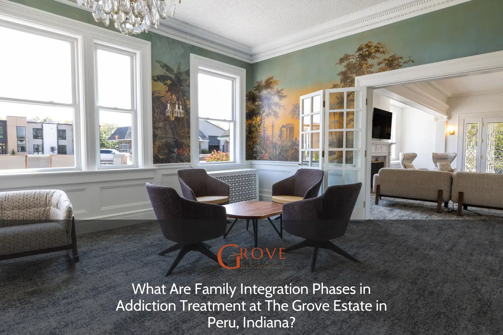 Bright lounge area at The Grove Estate in Peru, Indiana, featuring stylish seating, a decorative mural, and abundant natural light from large windows.