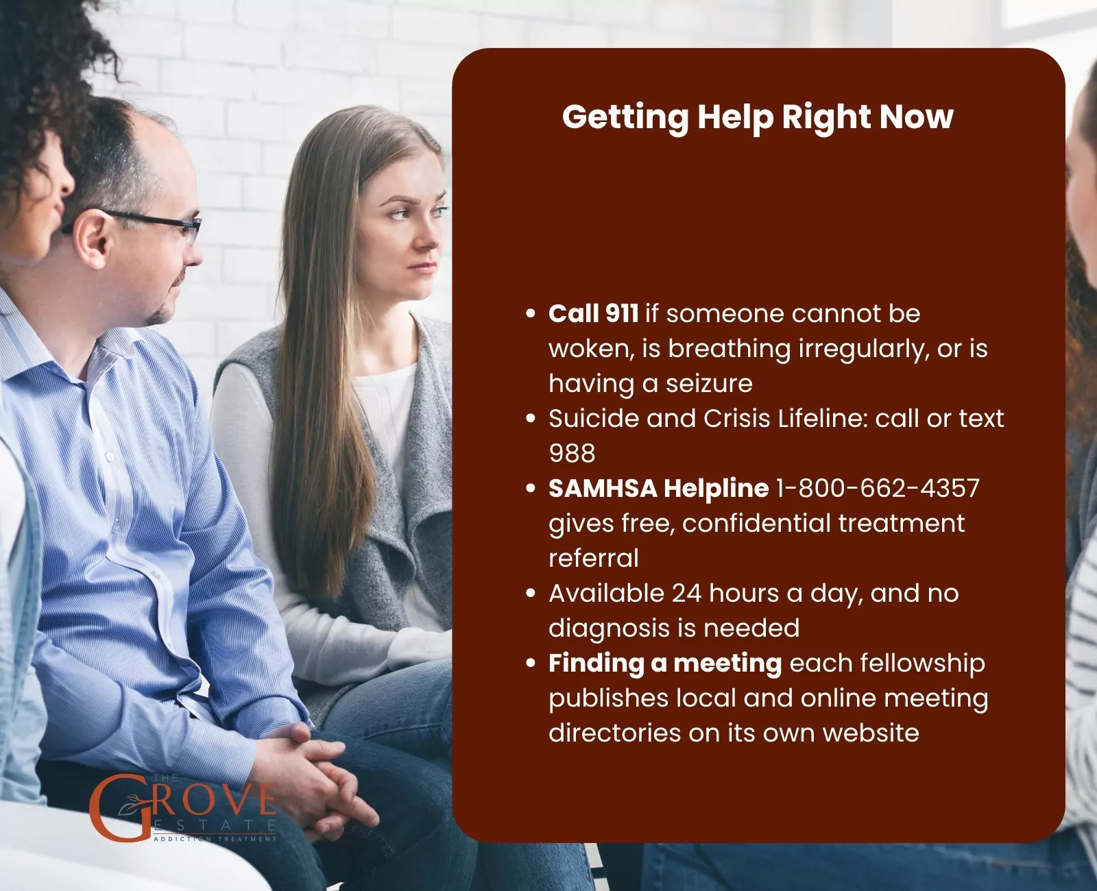 Getting help now: call 911, Suicide and Crisis Lifeline 988, SAMHSA Helpline, and finding a meeting