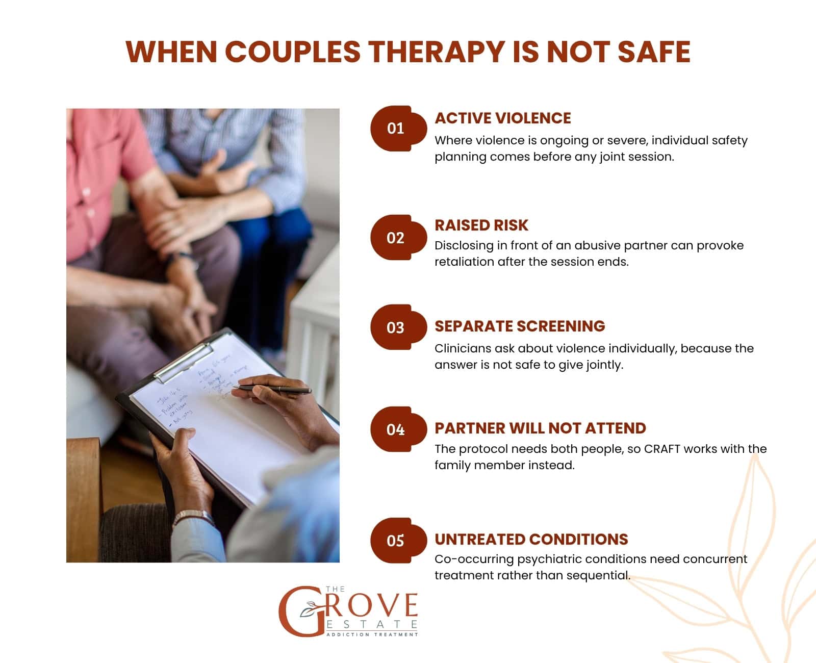When couples therapy is not safe: active violence, raised risk, separate screening, partner will not attend, untreated conditions