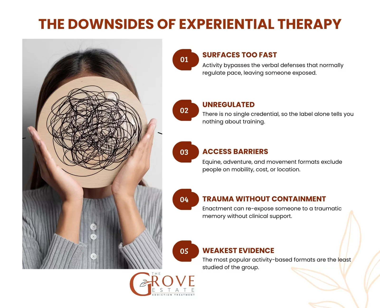 Downsides of experiential therapy: surfaces too fast, unregulated, access barriers, trauma without containment, weakest evidence