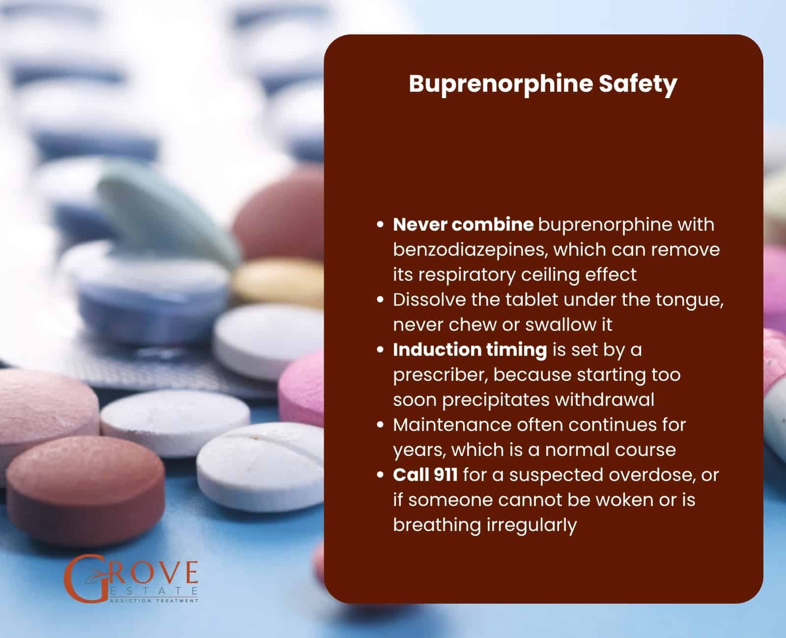 Buprenorphine safety: benzodiazepine risk, sublingual dosing, induction timing, overdose response