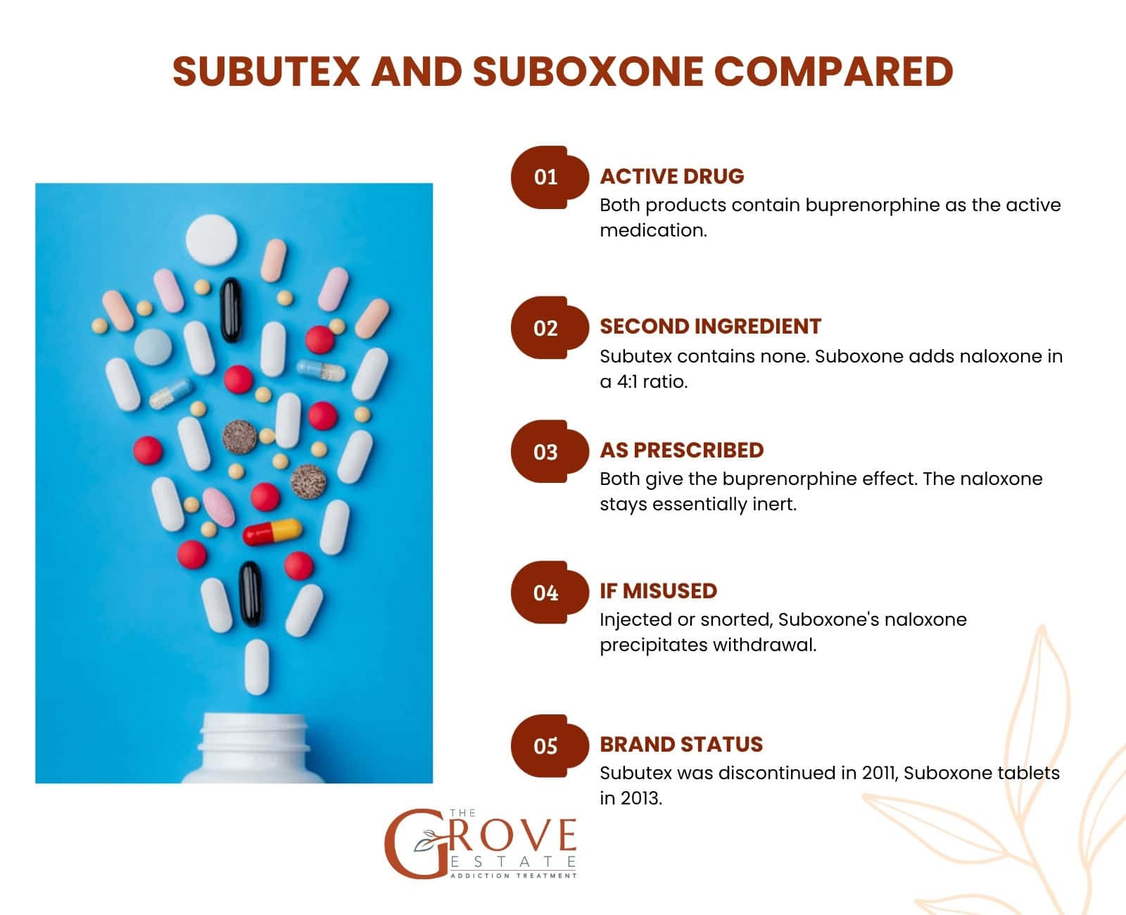 Subutex and Suboxone compared on active drug, second ingredient, prescribed use, misuse, brand status