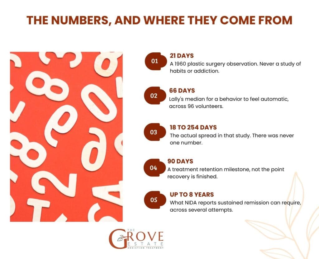Where the numbers come from: 21 days is a 1960 plastic surgery observation, 66 days is Lally's median, 18 to 254 days the real spread, 90 days a retention milestone, up to 8 years for sustained remission