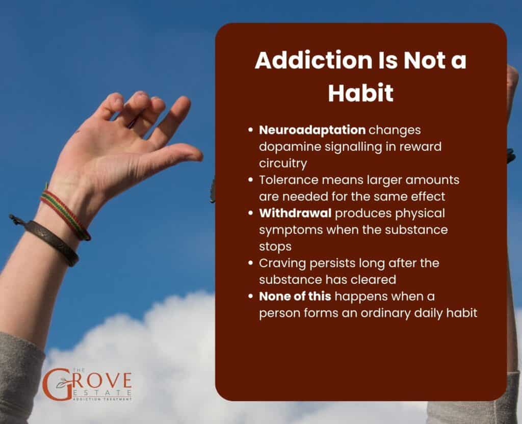 Addiction is not a habit: neuroadaptation, tolerance, withdrawal and persistent craving, none of which occur when a person forms an ordinary daily habit