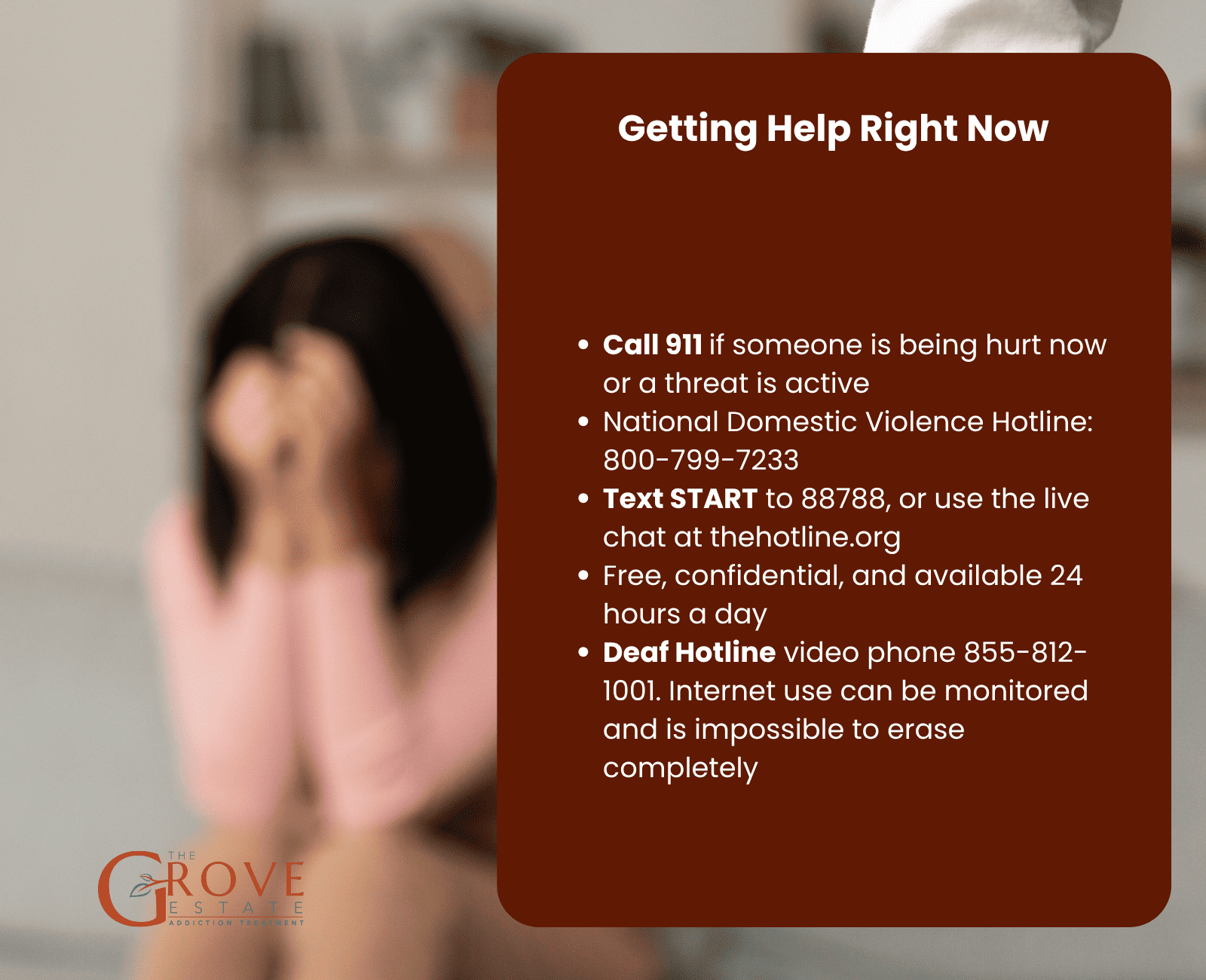 Domestic violence crisis resources: call 911, National Domestic Violence Hotline 800-799-7233, text START to 88788, and Deaf Hotline video phone