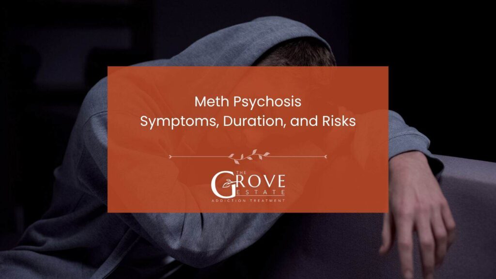 Man sitting hunched over in a dark room, beside the title Meth Psychosis: Symptoms, Duration, and Risks