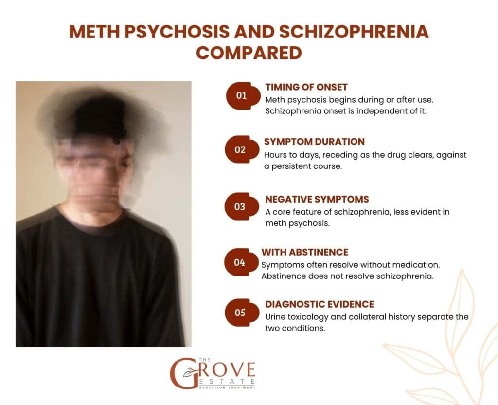 Meth psychosis and schizophrenia compared on timing of onset, symptom duration, negative symptoms, response to abstinence and diagnostic evidence