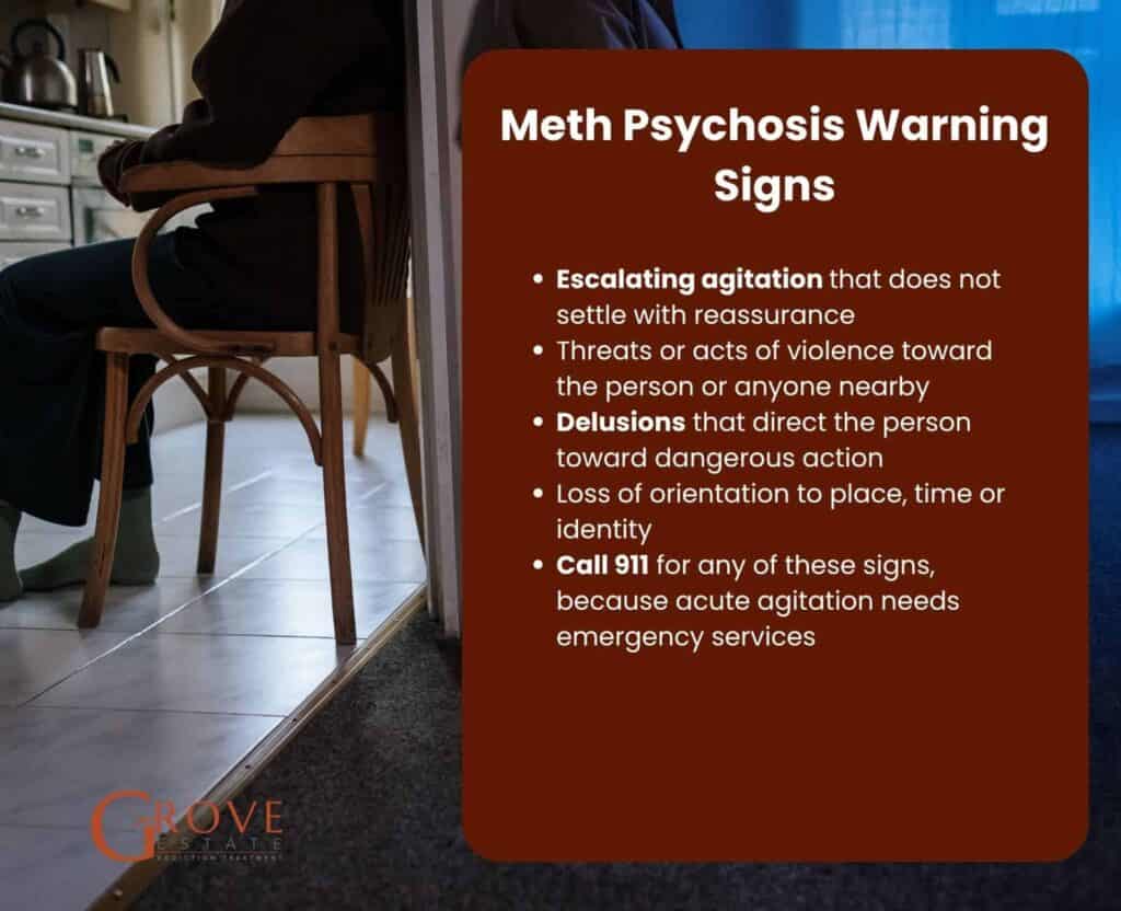 Meth psychosis warning signs: escalating agitation, threats or violence, delusions directing dangerous action, loss of orientation, and when to call 911