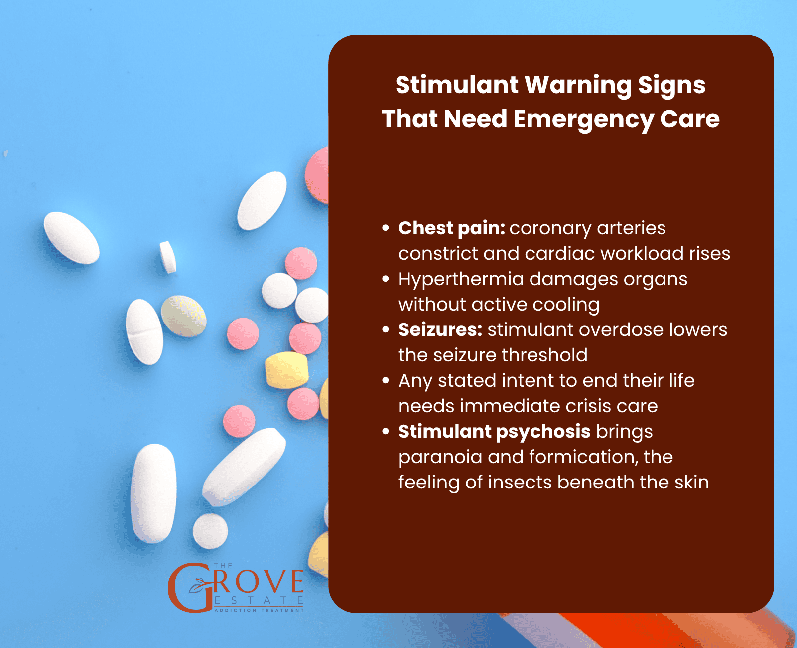 Stimulant emergency warning signs including chest pain, hyperthermia, seizures, and stimulant psychosis with formication