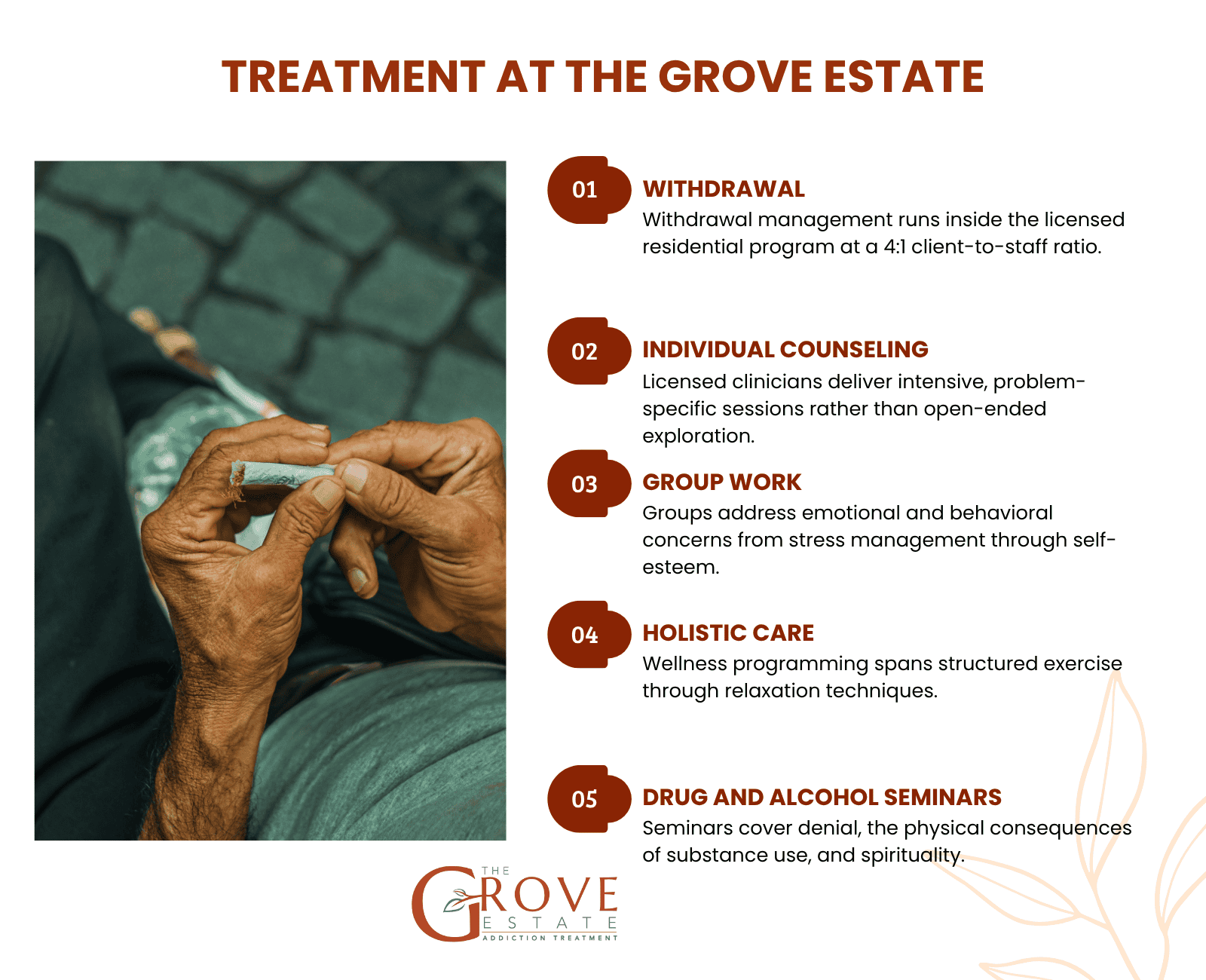 Grove Estate programs for stimulant use disorder: withdrawal management at a 4:1 ratio, individual counseling, group counseling, holistic care, and drug and alcohol seminars