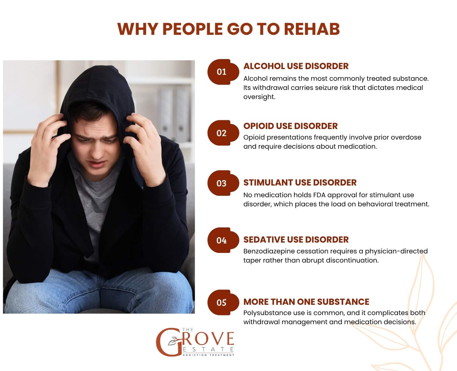 Five substances people enter rehab for: alcohol, opioid, stimulant, sedative, and more than one substance