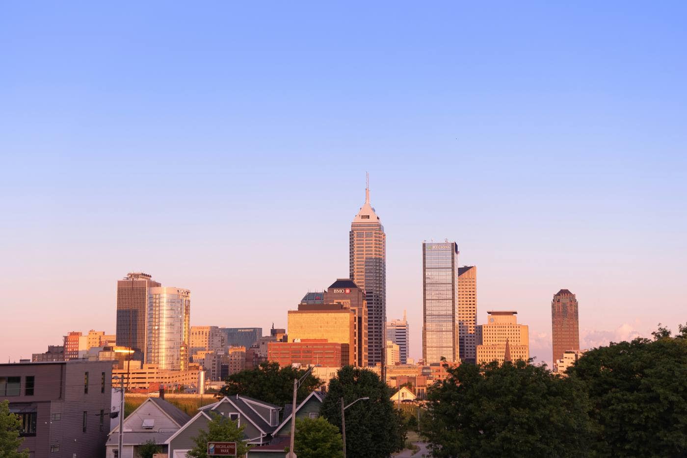 Indianapolis skyline at sunset — The Grove Estate serves Indianapolis residents seeking residential addiction treatment 70 miles north