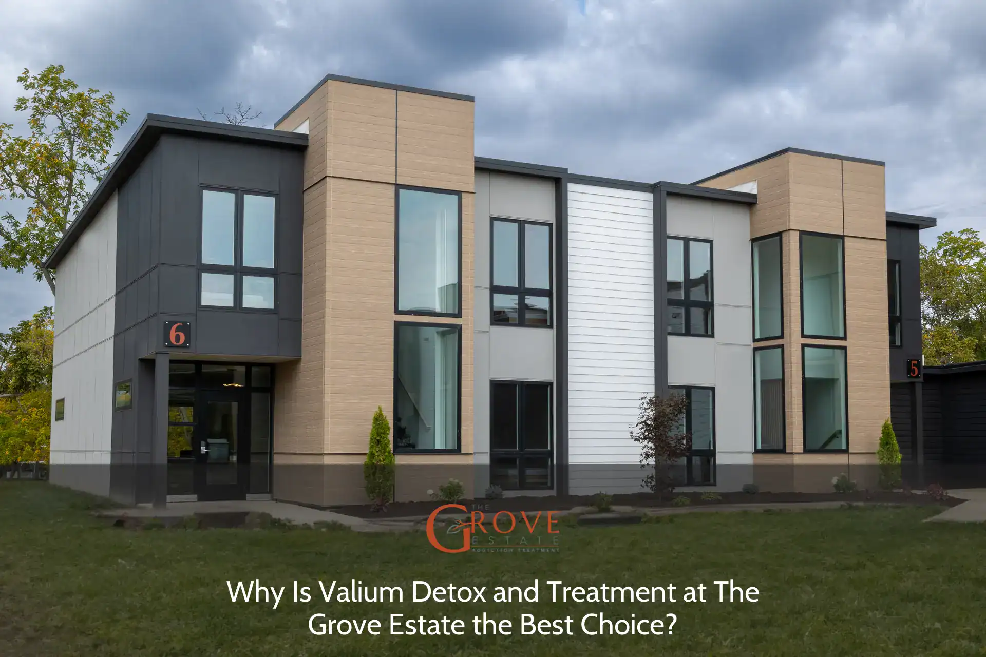 Modern facility exterior featuring large windows and contemporary design, highlighting units 5 and 6 at The Grove Estate. Ideal for Valium detox and treatment.